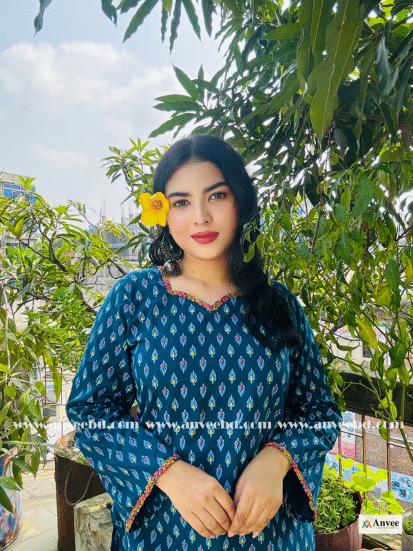 KURTI: " নীলাঞ্জনা",COTTON SHORT KURTA WITH CHINESE LACE